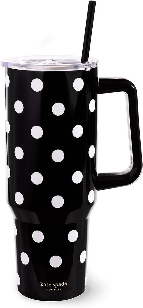 Kate Spade New York 40 Ounce Tumbler with Handle and Straw, Double Wall Stainless Steel Insulated Tumbler, Cupholder Friendly 40 oz Cup, Black Metal Tumbler for Hot or Cold Drinks, Picture Dot Kate Spade Tumbler, Metal Tumbler, Metal Tumblers, Thermos Cup, Tumbler With Handle, Dots Design, Insulated Cups, Reusable Straw, Steel Design