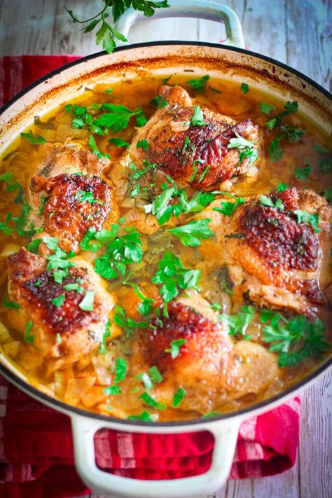 Braised Chicken Thighs - Mediterranean Latin Love Affair Dutch Oven Chicken Thighs, Bone In Chicken Recipes, Dutch Oven Chicken, Albanian Recipes, Braised Chicken Thighs, Spring Dishes, Comfort Food Recipes Dinners, Braised Chicken, Sauteed Veggies