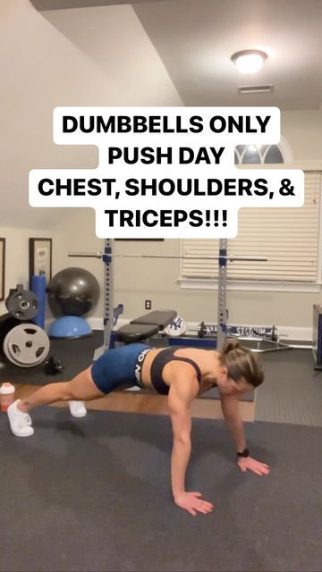 Alessandra on Instagram: "Final workout of 2022!! I had to share with you guys this upper body push day because nothing makes me feel more bad ass than a solid Upper Body training session! 💪🏼 All you need for this killer 🔥 workout is a pair of dumbbells. Bench is optional. Save 📌 | Like ❤️ | Share 😉 Method 👉🏻 10-12 reps, 3-4 sets As a reference, I’m using 15 & 20lbs dumbbells! Workout: 👇🏻 * Push ups * Shoulder Press * OH triceps extensions * Chest press * Front raise * Triceps dips *Che Shoulder Triset Workout, Biceps Shoulders Chest Workout, Chest Shoulder Tricep Workout Dumbbell, Push Day Workout Dumbbells, Shoulder Chest Tricep Workout, Chest And Tricep Workout Dumbell, Chest Tricep Shoulder Workout, Chest Shoulder Tricep Workout, Upper Body Push Workout