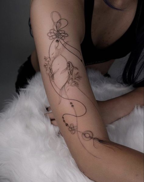 Tattoos That Flow With Arm, Asian Inspired Fine Line Tattoo, Water Art Tattoo, Chinese Charm Tattoo, Chinese Knot Tattoo, Charmed Tattoo, Ethereal Tattoo Ideas, Chinese Tattoo For Women, Pelvic Tattoo