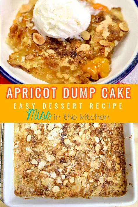 Apricot Dump Cake is a tasty dessert that is perfect for any day of the week. Apricot Pie Filling with a crunchy almond and buttery cake mix topping. Apricot Dump Cake, Apricot Pie Filling, Cake Mix Dump Cake, Apricot Filling Recipe, Apricot Dessert, Cake Mix Cobbler, Apricot Pie, Apricot Cake, Boxed Cake Mixes Recipes