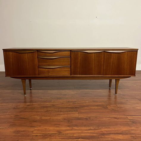 Stonehill Furniture Long Teak Sideboard – $1950 - Modern to Vintage Swinging Doors, Teak Sideboard, Furniture Vintage, Cabinet Space, Top Drawer, Wooden Handles, Flatware, Vintage Furniture, Sideboard