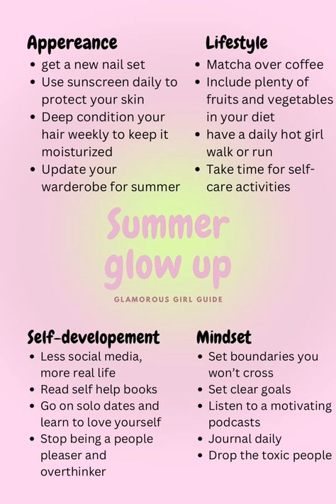 Summer glow up checklist Summer Glow Up Challenge, Glow Up Wallpaper, Summer Glow Up Checklist, Summer Glow Up Tips, Glow Up Plan, Tips For Mental Health, Glow Up Routine, Glow Up Checklist, Self Care Bullet Journal