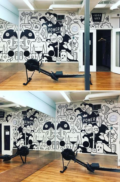 Indoor mural by Robbie Lariviere at Anytime Fitness Fitness Murals Gym, Sport Mural Ideas, Gym Graphic Design Wall Art, Gym Wall Colors Workout Rooms, Sports Bar Mural, Gym Mural Ideas, Home Gym Mural, Home Gym Wallpaper, Gym Wall Painting