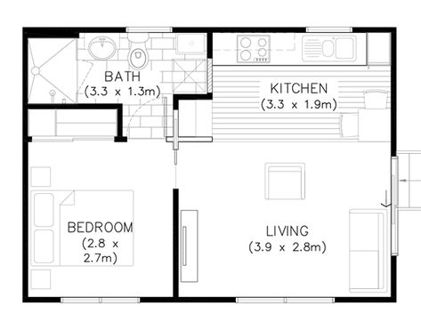 1 Bed Flat Floor Plan, Bedsit Ideas Layout Floor Plans, Small Flat Floor Plan, One Bedroom Flat Plan, Bachelor Pad Floor Plan Layout, Granny Flat Kitchen Ideas, Granny Flat Design, Bachelor Flat Layout Floor Plans, Small Granny Flat Ideas Floor Plans