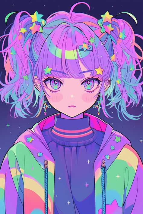 Pastel Anime Art, Neon Art Anime, Neon Drawings, Decora Art, Rainbow Anime, Magical Fruit, Japanese Pop Art, Pastel Kawaii, Jukeboxes