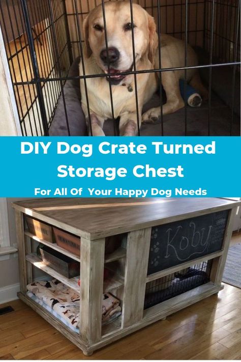 Dog Crate with additional Storage Chest made into a piece of furniture perfect for the living room.  Hometalk Partner #dogcratefurniture #dogcratetable #dogcratediy Metal Dog Crate Makeover, Convert Furniture To Dog Crate, How To Make Dog Crates Look Nice, Diy Heavy Duty Dog Crate, How To Make A Metal Dog Crate Cute, Furniture Crates Dog, Diy Animals, Pet Crates, Metal Dog Kennel