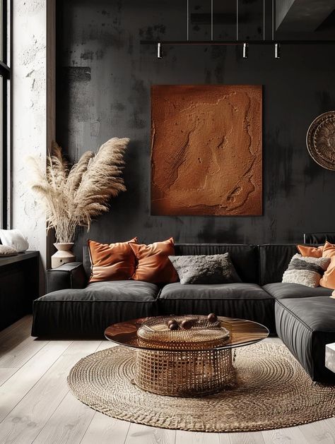 Black Couch Living Room Decor Color Schemes, Rust Living Room Ideas, Black And Rust Living Room, Industrial Interior Design Living Room, Rust Living Room, Rust Palette, Warm Apartment Aesthetic, Terracotta Living Room, Dark Living Room Ideas