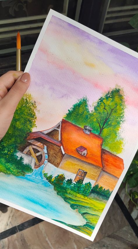 New Drawing Ideas Beautiful, Beautiful Landscape Drawing, Drawing Using Pencil, New Drawing Ideas, Colored Pencil Artwork Ideas, Always Take The Scenic Route, Oil Pastel Drawings Easy, Paper Art Design, Design Art Drawing