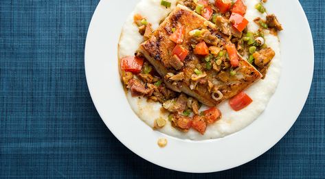 A Southern tripletail recipe with grits. Tripletail is a grouper-like fish of the South, great over grits. You can use grouper, snapper, or any white fish. Fish And Grits, Taco Pasta Salad, Seared Fish, Creole Food, Spanish Mackerel, Cajun Dishes, Grits Recipe, Lunch Ideas For Work, Ancient Recipes