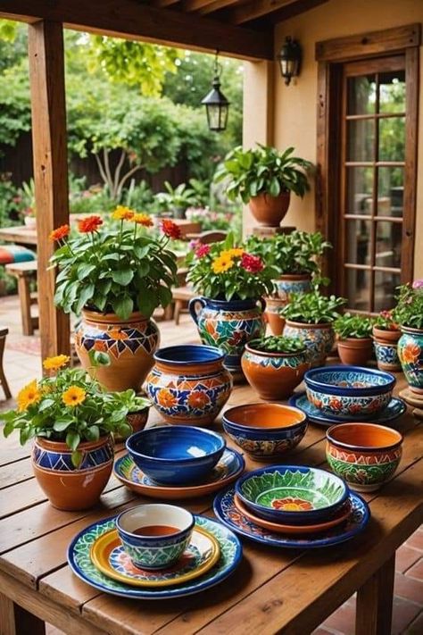 Mexican Outdoor Decor Patio, Spanish Patio Ideas, Mexican Outdoor Decor, Talavera Pottery Garden, Southwest Patio, Mexican Patio Ideas, Spanish Gardens, Mexican Flower Pots, Spanish Patio