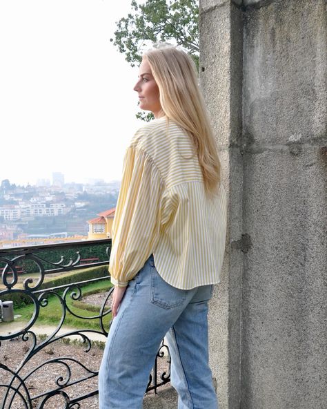 ☀️adding a touch of sunshine to your wardrobe. the ELLI shirt is now available in a yellow and white stripe. casual and comfortable to wear. the shirt is designed in a boxy fit with voluminous sleeves and a fine cuff. easy to style for parties and your everyday outfit Yellow Striped Shirt, Striped Shirt Women, Cream Pants, Voluminous Sleeves, Blue Trousers, Yellow Shirts, Yellow Top, Everyday Outfit, Shades Of Yellow