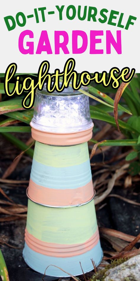 Make A Lighthouse, Lighthouse Craft, Garden Lighthouse, Diy Lighthouse, Mason Jar Garden, Lighthouse Crafts, Metal Buckets, Beachy Colors, Craft Easy