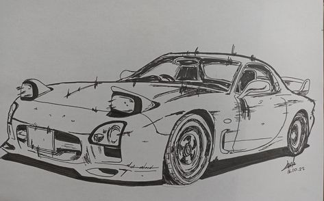 Mazda Rx7 Sketch, Initial D Sketch, Mazda Drawing, Rx7 Sketch, Rx7 Tattoo, Initial D Drawing, Mazda Rx7 Drawing, Miata Sketch, Rx7 Art