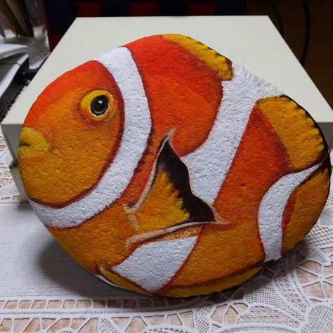 Clown fish painted on a rock Goldfish Rock Painting, Clownfish Painting, Striped Fish, Fish Rocks, Stone Fish, Real Fish, Painted Pebbles, Art And, Rock And Pebbles