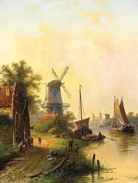 Jan Jacob Conrad Spohler, 1837-1923 Windmill Art, Sunset Painting Acrylic, Victorian Paintings, Dutch Painters, European Paintings, Classic Paintings, Matte Painting, Old Paintings, Victorian Art