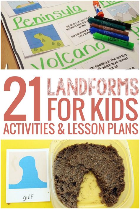 We don't normally teach landforms in kindergarten, but I love the hands on ideas in this list of 21 Landforms for Kids Activities and Lesson Plans Landforms For Kids, Teaching Landforms, Landforms Activities, Geography Lesson Plans, Geography For Kids, Geography Activities, Teaching Geography, Homeschool Geography, Landform