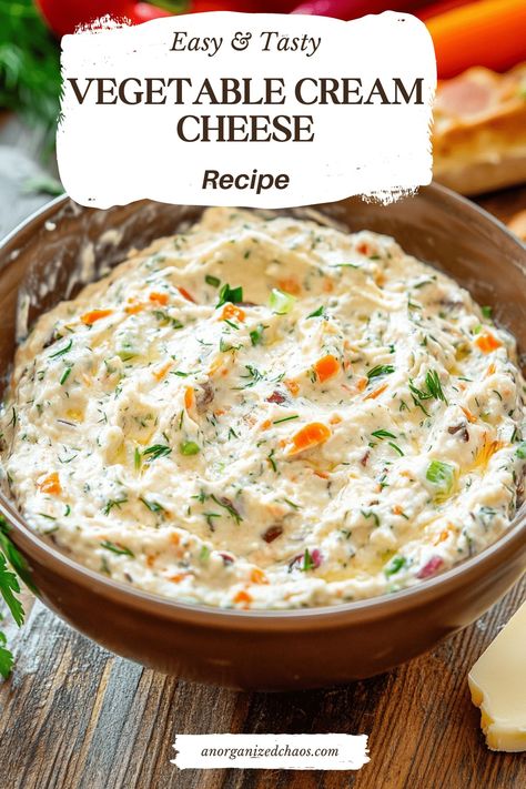 Vegetable Cream Cheese - An Organized Chaos Vegetable Sandwiches With Cream Cheese, Homemade Veggie Cream Cheese, Veggie Cream Cheese Dip, Garden Vegetable Cream Cheese Recipes, Garden Veggie Cream Cheese Recipe, Cream Cheese In Oven, Chive Cream Cheese Recipes, Cream Cheese Snacks Easy, Vegetable Cream Cheese Recipe