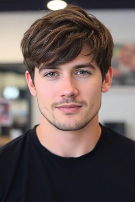 Dark Brown Short Haircut with Soft Fringe, Modern Men Hairstyle, men haircut Flat Hair Hairstyles Men, Fringe Men Haircut, Boys Flow Haircut, Flat Hair Men, Dark Brown Hair Men, Boy Short Haircut, Short Male Haircuts, Mens Fringe Hairstyles, Long Fringe Hair