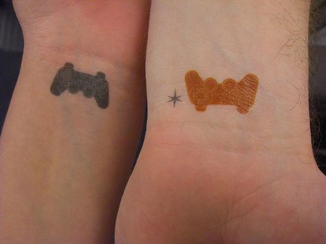 matching video game controller tattoos | couples tattoos | best friend tattoos Couple Tats, Matching Tattoos For Couples, Cute Best Friend Tattoos, Gamer Couple, Best Couple Tattoos, Gamer Tattoos, Tattoos For Couples, Couples Tattoos, Sibling Tattoos