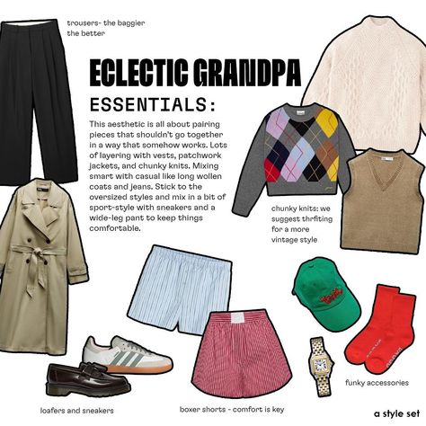 eclectic grandpa essentials 🪩📞🕺🏼🍒 thoughts on this aesthetic? This aesthetic is all about pairing pieces that shouldn't go together in a way that somehow works. Lots of layering with vests, patchwork jackets, and chunky knits. Mixing smart with casual like long wollen coats and jeans. Stick to the oversized styles and mix in a bit of sport-style with sneakers and a wide-leg pant to keep things comfortable. #eclecticgrandpa #outfitinspo Long Vest Coat Outfit, Eclectic Grandpa Outfits, Eclectic Grandpa Outfit, Eclectic Grandpa Aesthetic, Grandpa Aesthetic, Grandpa Outfit, Eclectic Outfits, Eclectic Grandpa, Wide Leg Pants Outfit