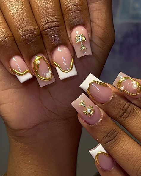 Gold Foil Nails Acrylics, Christian Nails Designs, Gold Square Nails, French Nails With Gold, Christian Nails, Jesus Nails, Ig Nails, Square Nail Tips, Gold Acrylic Nails