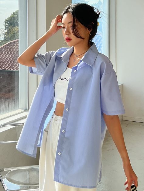 Button Up Polo Shirt Outfit Women, Short Sleeve Button Down Shirt Women, Pastel Button Up Outfit, Short Sleeve Oversized Button Up, Blue Short Sleeve Button Up, Oversized Short Sleeve Button Up Outfit, Light Blue Polo Outfit For Women, Oversized Short Sleeve Shirt Outfit, Short Sleeve Button Down Outfit For Women