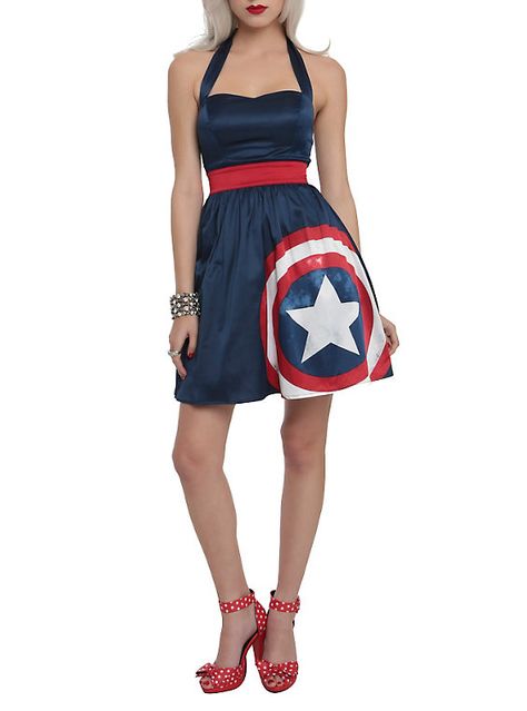 Marvel By Her Universe Captain America Halter Dress, BLACK Marvel Halloween Costumes, Marvel Fashion, America Dress, Captain America Costume, Marvel Costumes, Blue Halter Dress, Blue Costumes, Nerd Fashion, Halter Style Dress