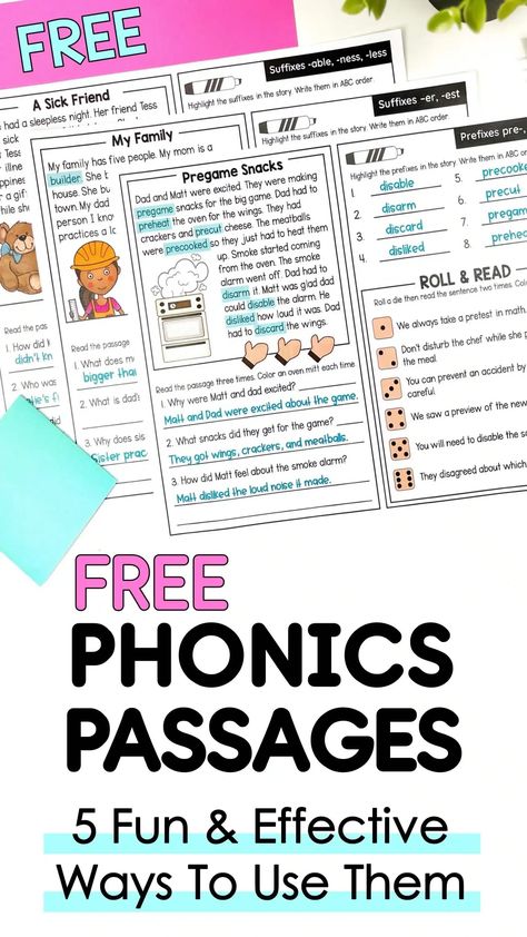 Decodable reading passages are a great resource for developing strong reading skills and supporting reading comprehension. There are many ways to use phonics passages. I’ve written a blog post explaining 5 easy ways to use them for small group instruction, in literacy centers, for fluency practice, vocabulary building, and more! Download a FREE set of decodable passages in this post to get started! Fluency Folders First Grade, Vocabulary For Kindergarten, Third Grade Reading Passages, Reading Fluency Games, Teaching Fluency, Phonics Passages, Decodable Passages, Data Folders, Reading Fluency Passages