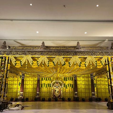 Telugu Wedding Mandap, Wedding Mandap Decor, Saree Function, Home Flower Decor, Half Saree Function, Wedding Stage Decor, Wedding Stage Design, Stage Decor, Telugu Wedding