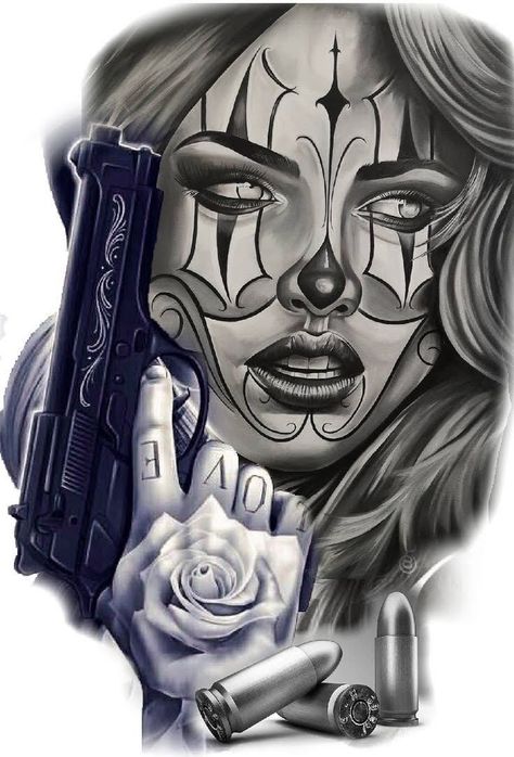 Gangsta Girl Tattoo, Chicano Girl Tattoo, Chicano Tattoo Design Ideas, Chicano Tattoo Design, Chicanas Tattoo, Chicano Tattoos Sleeve, Catrina Tattoo, Skull Girl Tattoo, Girl Face Tattoo