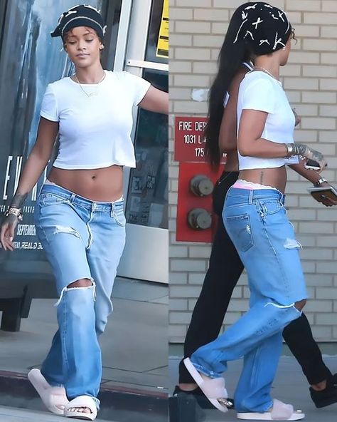 @rihsflo on Instagram: "Rihanna in ripped jeans out in LA 09/06/2015😩🔥 Do you like this outfit?" Rihanna Baggy Jeans, Rihanna Jeans Outfit, Ripped Baggy Jeans Outfit, Rihanna Jeans, Ripped Mom Jeans Outfits, Baggy Ripped Jeans Outfit, Rihanna Boyfriend, Ripped Baggy Jeans, Baggy Ripped Jeans