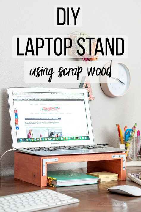 Love this easy tutorial for a DIY laptop stand for desk. This wooden laptop stand is simple and this tutorial shows how to make it along with a template and plans! #anikasdiylife #woodworking #scrapwood Diy Laptop Stand, Using Scrap Wood, Laptop Stand For Desk, Wooden Laptop Stand, Notebook Diy, Diy Laptop, Woodworking Plans Diy, Scrap Wood Projects, Diy Holz