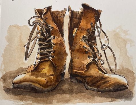 These old boots are the other half of the lesson where I did the old lamp. (previous post). Certainly pleased with the result. . . #penandwashsketching #inkandwatercolour #watercoloursketch #oldboots #sketchingart Old Boots Drawing, Drawing Boots, Boots Drawing, Clothing Drawing, Inktober 2024, Pen And Wash, Old Boots, Old Lamps, The Other Half