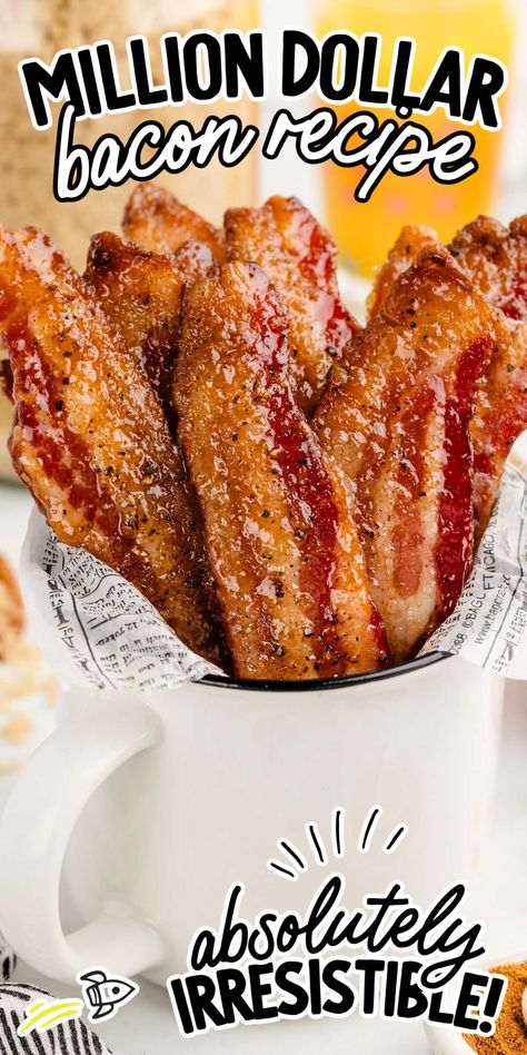 Million dollar bacon is an irresistibly sweet and spicy candied bacon recipe that combines the flavors of brown sugar, black pepper, cayenne, and maple syrup for a truly indulgent treat. Bacon Lollipops Sticks, Candied Bacon Air Fryer, Black Dinner Ideas, Df Appetizers, Praline Bacon Recipe, Fancy Bacon, Million Dollar Bacon Recipe, Hot Honey Bacon, Million Dollar Bacon