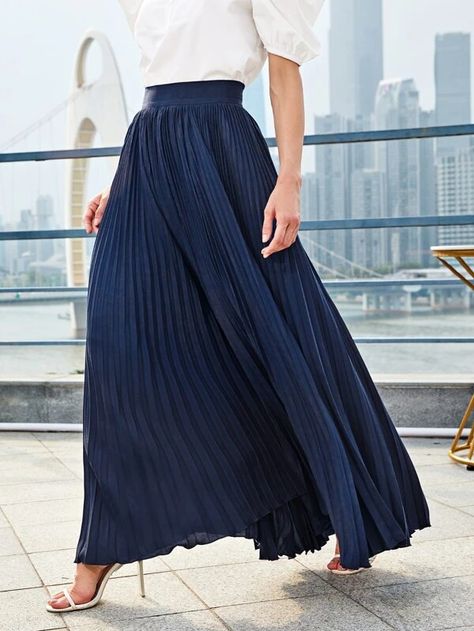 SHEIN Pleated Solid Skirt | SHEIN USA Navy Pleated Skirt Outfit, Formal Inspiration, Vintage England, Belted Wrap Dress, Dark Dress, Solid Skirt, Women Bottoms, Maxi Skirt Outfits, Hippy Chic