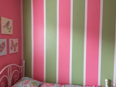 Green And Pink Striped Wall, Striped Walls Vertical, Pink Striped Walls, Small Teen Bedroom, Bedroom Scene, Striped Walls, Glam Room, Wide Stripes, Teen Bedroom