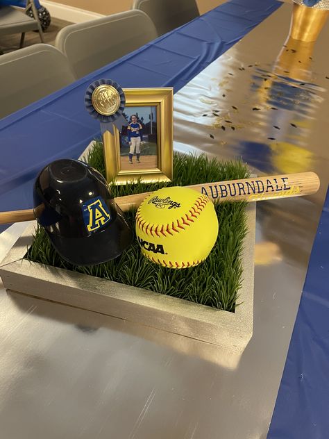 Senior Softball Table Ideas, Softball Table Centerpieces, Softball Graduation Party Ideas, Softball Signing Day Table Ideas, Softball Centerpieces Banquet, College Signing Day Table Ideas Baseball, Softball Banquet Ideas Table Decorations, Softball Banquet Ideas, Signing Day Table Ideas