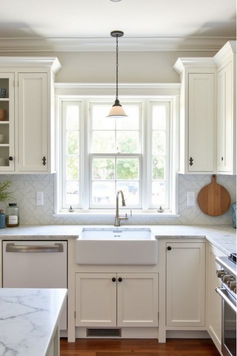 Traditional white kitchen with shaker cabinets, marble countertops, and farmhouse sink Kitchen White Cabinets Marble Countertop, Warm White Kitchen Cabinets, Classic White Kitchen Design, Traditional White Kitchen, Classic Cabinet Design, White Traditional Kitchen, White Kitchen Design Ideas, Traditional Kitchen Decor, White Kitchen Traditional