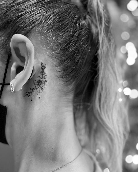 Lily Ear Tattoo, Being The Ear Tattoos, Behind The Ear Tattoo Ideas Floral, Floral Behind The Ear Tattoo, Plumeria Tattoo Behind Ear, Behind The Ear Floral Tattoo, Lily Of The Valley Ear Tattoo, Unique Behind Ear Tattoo, Floral Tattoo Behind Ear