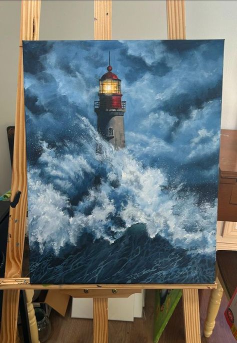 Light House Paintings, Lighthouse Painting Easy, Lighthouse Paintings, Lighthouse Painting, Ocean Painting, Acrylic Painting Canvas, Abstract Landscape, House Painting, Lighthouse