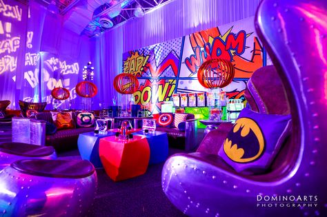 Image result for image superhero fundraiser decor Pop Art Party, Bar Mitzvah Themes, Girl Superhero Party, Mitzvah Decor, Bar Mitzva, Corporate Events Decoration, Spiderman Theme, Super Hero Theme, Party Themes For Boys