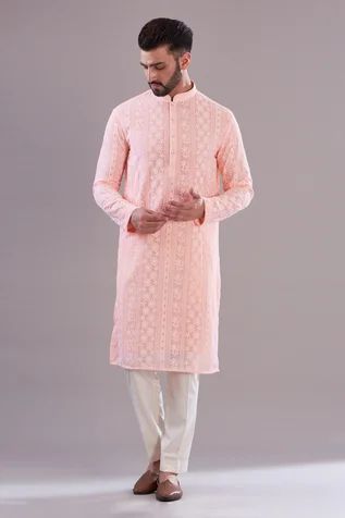 Shop for Kasbah Pink Georgette Pastel Chikankari Kurta for Men Online at Aza Fashions Pastel Color Kurta For Men, Pastel Pink Kurta For Men, Pastel Kurta Men, Pink Kurta For Men, Chikankari Kurta For Men, Wardrobe Planner, Anand Karaj, Chikankari Embroidery, Chikankari Kurta