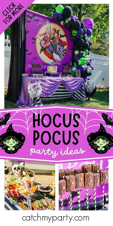 Sanderson Sisters Party Ideas, Hocos Pocos Party, Hocus Pocus Themed Birthday Party, Hocus Pocus Tablescape, Hocus Pocus Halloween Party Ideas, Hocus Pocus Birthday Party Ideas, Hocus Pocus First Birthday, Hocus Pocus Kids Party, Hocus Pocus Baby Shower Ideas