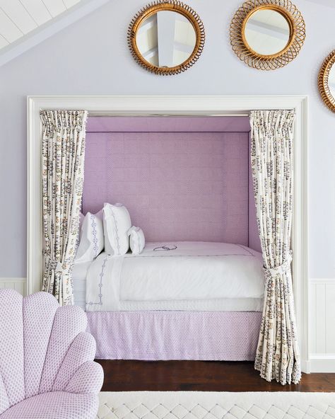 Maine Attraction - A fabric-lined alcove bed is the perfect way to add extra sleeping accommodation to this expansive cottage in Maine, decorated by the English interior designer @ninacampbellltd. The homeowners' love of purple is resplendent throughout the space in shades of lilac, mauve and lavender, which looks great in this little nook. . Photography by @paulraeside . See more clever alcove bedrooms ideas at the link in bio. . #homesandgardens #bedroom #cabin Queen Bed Nook, Alcove Bed, Shades Of Lilac, Bed Nook, Bedroom 2024, English Interior, Bedroom Cabin, Bedrooms Ideas, Queen Beds