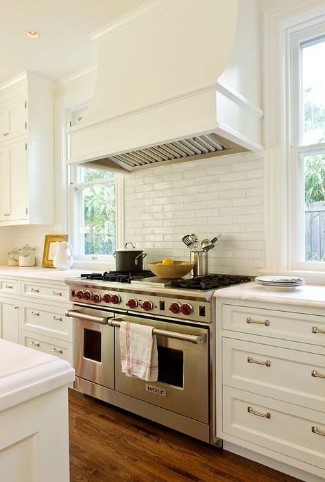 {New House} The Kitchen Inspiration White Kitchen Hood, Jupiter Fl, Kitchen Hoods, White Subway Tile, Coastal Kitchen, Up House, Transitional Kitchen, White Kitchen Cabinets, White Cabinets