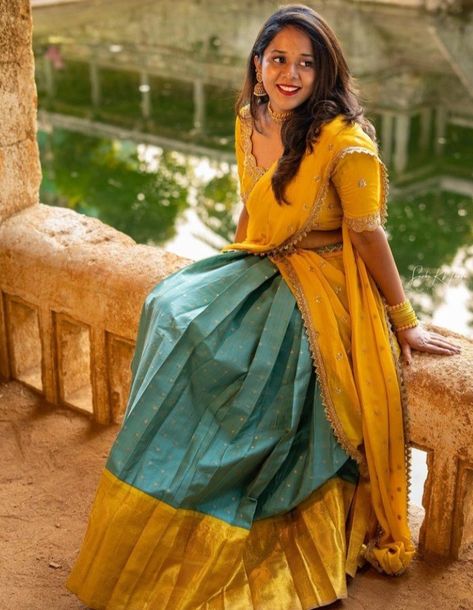 Dhavani Half Saree Color Combos, Half Saree Models Latest, Half Saree Designs Simple, Langa Voni, Photo Stills, Designer Bridal Lehenga Choli, Frock Designs, Blouses Designs, Long Frock Designs