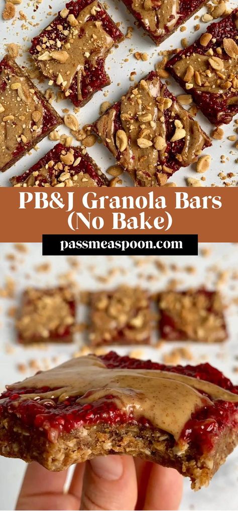 This pbj granola bar recipe is far from your average granola bar.  This healthy snack is filled with protein to keep you full, flavors that will make you happy, and ingredients you can feel good about.  They are gluten free, refined sugar free, and have a vegan friendly option. Granola Bars No Bake, Sugar Free Granola Bars, Nut Free Granola Bars, Granola Bar Recipe Healthy, Vegan Granola Bars, Protein Granola Bars, Granola Bar Recipe, Chocolate Fudge Cookies, Pumpkin Spice Cheesecake