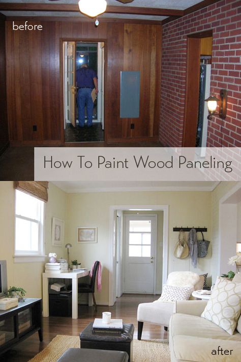 How To Paint Wood Paneling | Young House Love Dark Wood Paneling Walls, Wood Paneling Walls, Paint Wood Paneling, Paint Over Wood Paneling, Dark Wood Paneling, Paneling Walls, Wood Paneling Makeover, Paneling Makeover, Cedar Walls