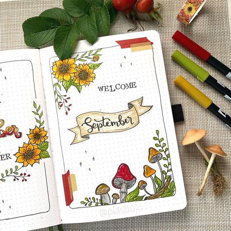 𝓟𝓲𝓪 📚 𝖡𝗎𝗅𝗅𝖾𝗍 𝖩𝗈𝗎𝗋𝗇𝖺𝗅 on Instagram: “Time to reveal my September theme 🍄🌻 mushrooms and sunflowers…. I know, very original 🥰 I’ve been wanting to do both so I thought why not…” Mushroom Bullet Journal, Bullet Journal September, September Themes, March Bullet Journal, My September, Bullet Journal Banner, Bullet Journal Cover Ideas, Bullet Journal Mood Tracker Ideas, Bullet Journal Mood